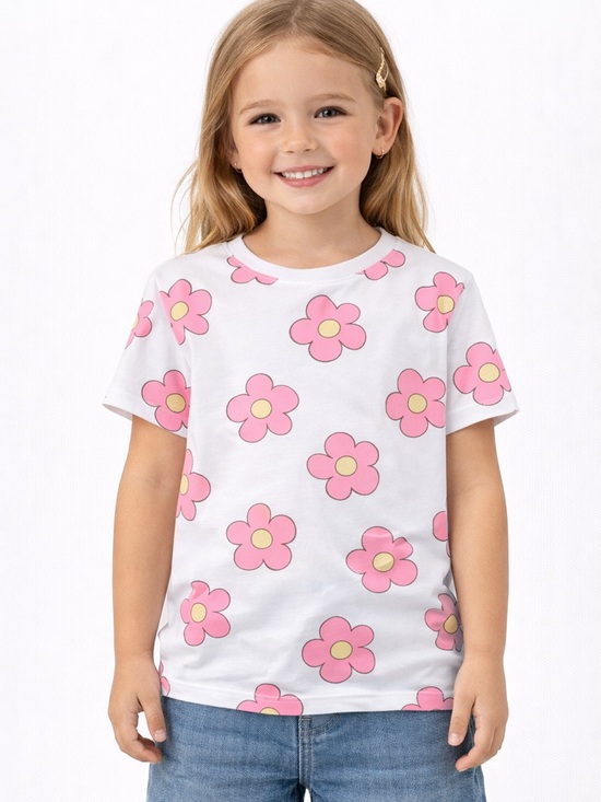 Zara Other - ZARA Girls Size 4/5 Pink Flower Tee White Short Sleeve